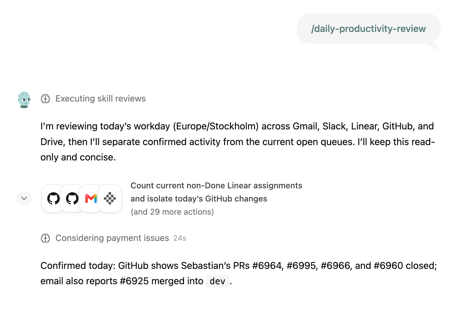 Chat showing companion progress updates and grouped app activity