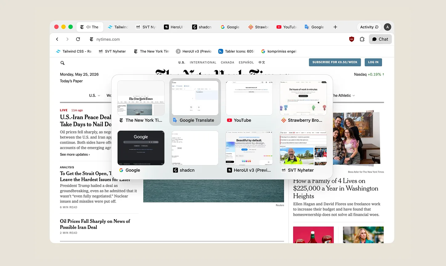 Recency-based tab switcher with keyboard shortcuts