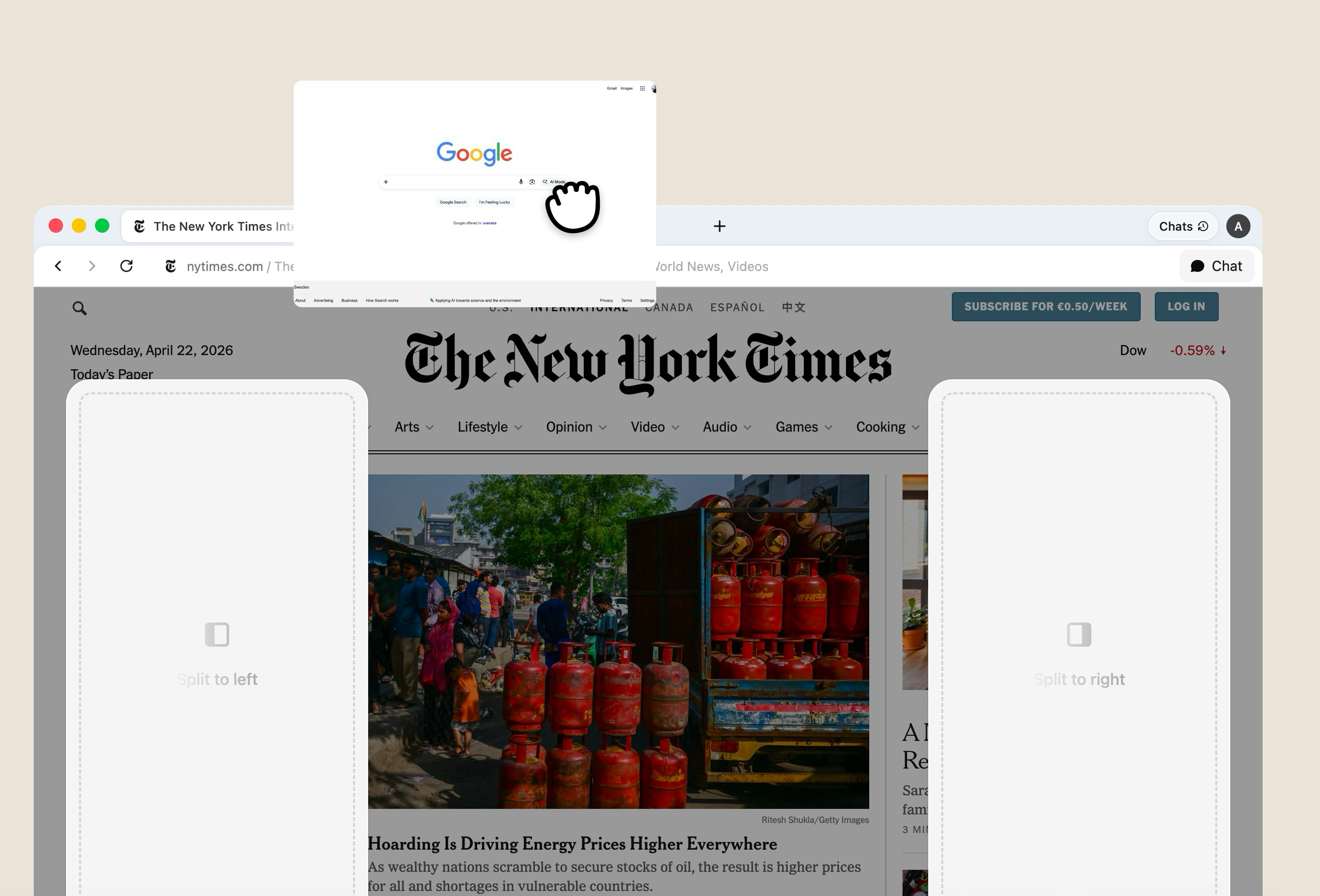 Dragging a tab to split the view or tear it into a new window