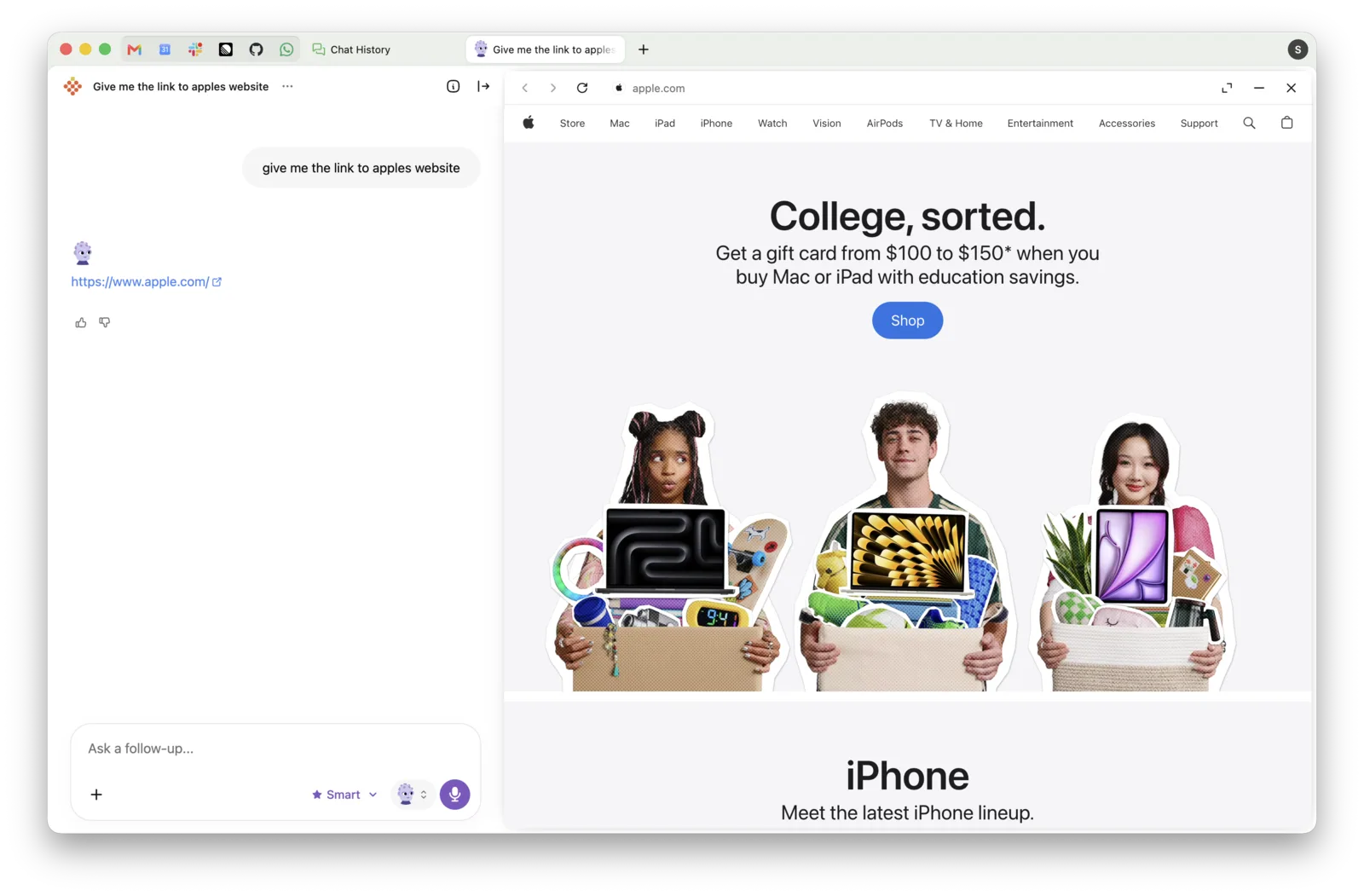 A Strawberry chat with a website open beside the conversation