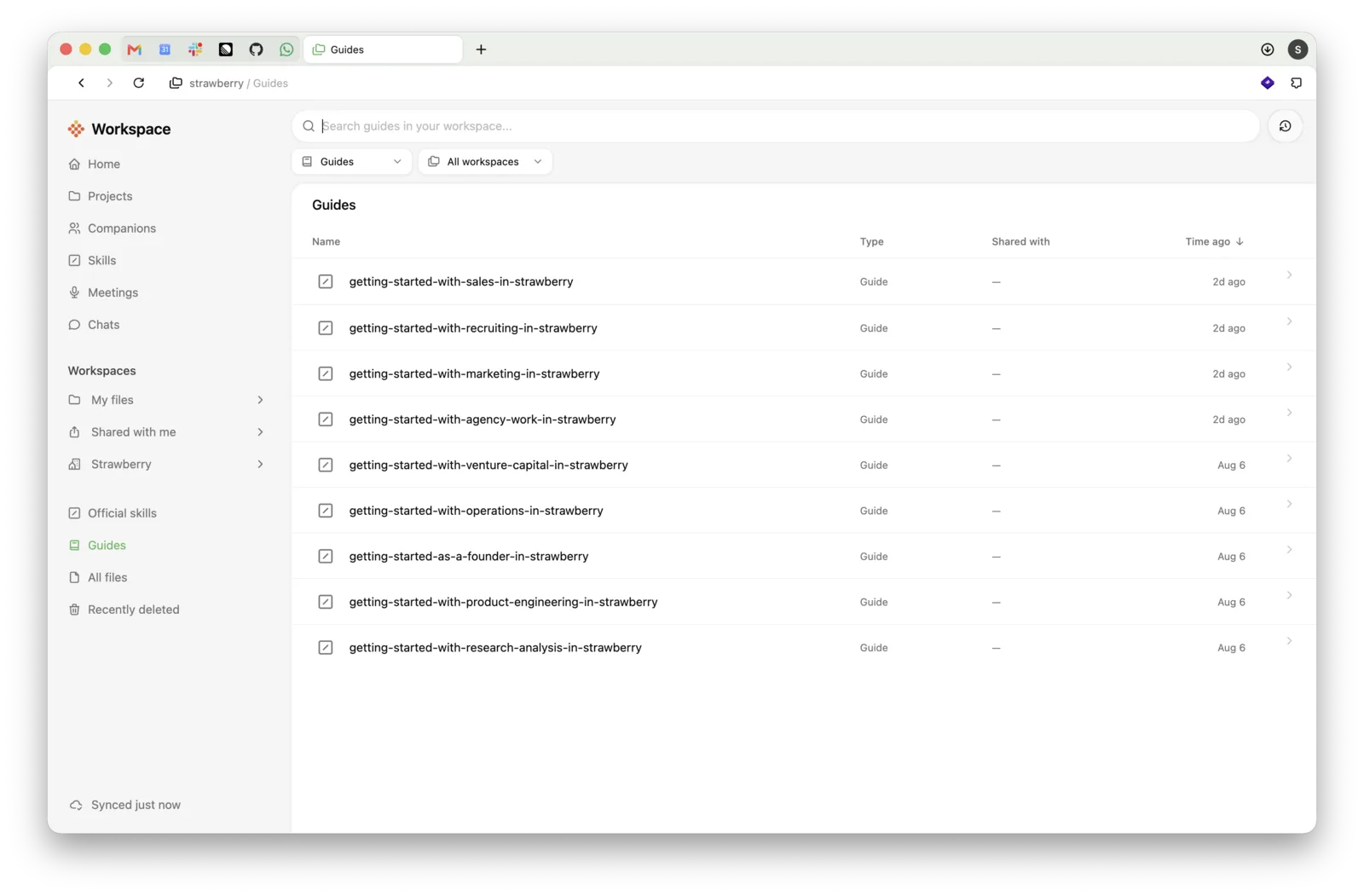 Workspace Guides with projects, companions, skills, meetings, and files in the sidebar