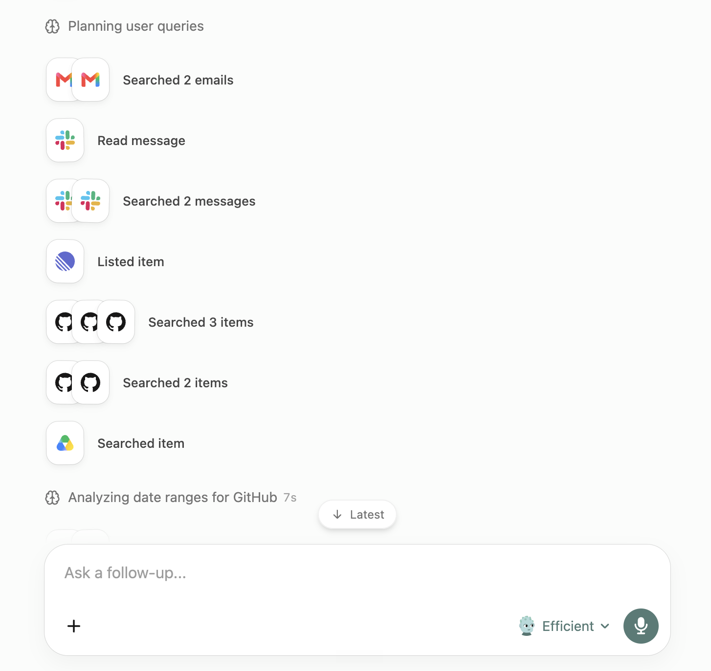 Chat showing grouped app activity for Gmail, Slack, Linear, GitHub, and Google Drive