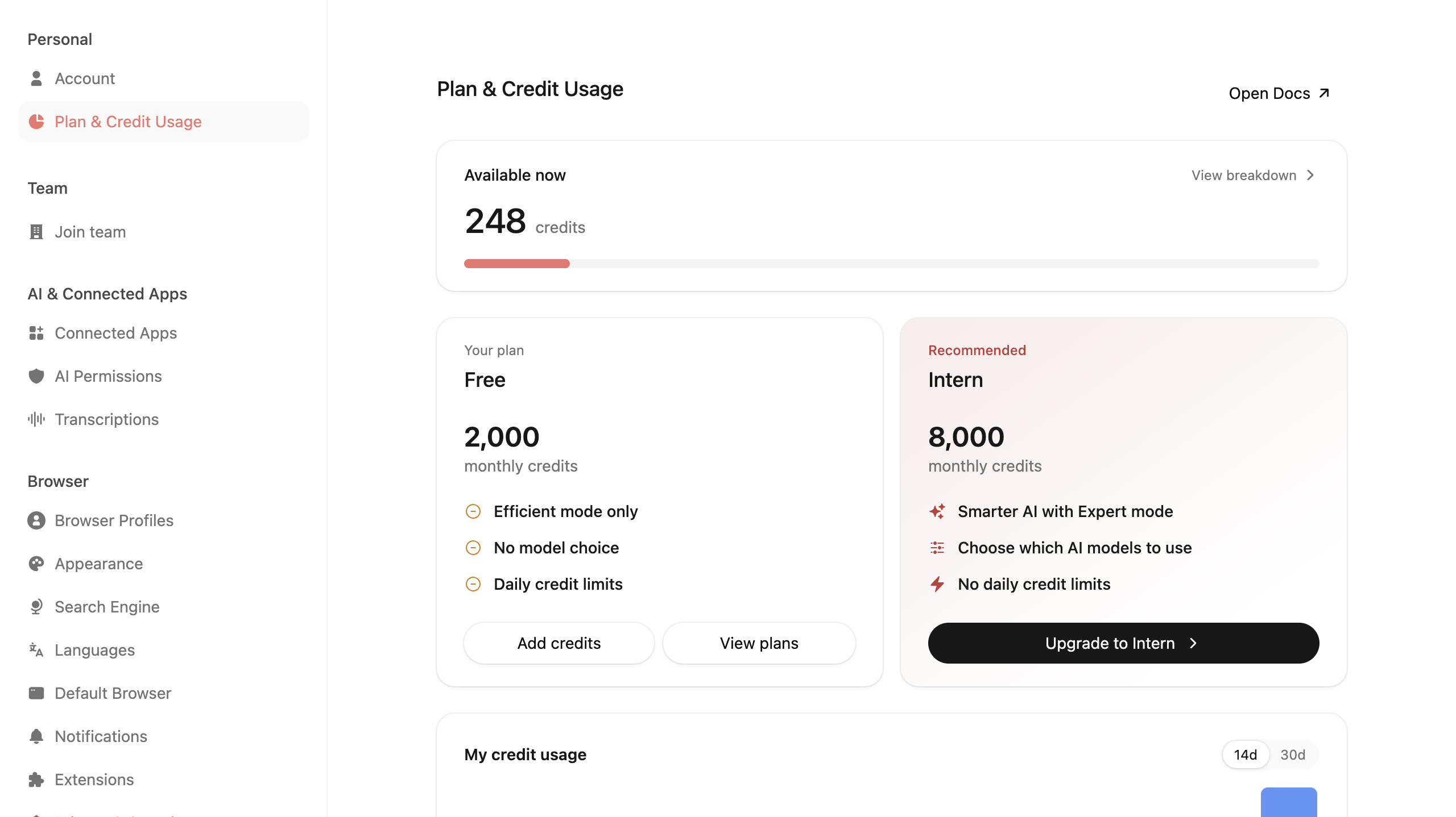 Account settings showing credit balances, usage, and billing actions