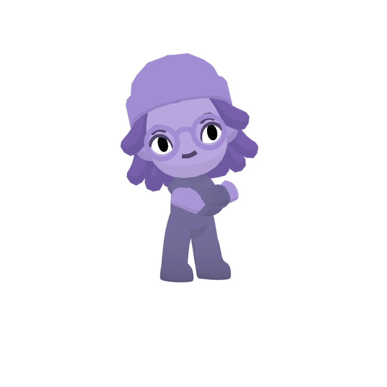 Purple companion with crossed arms